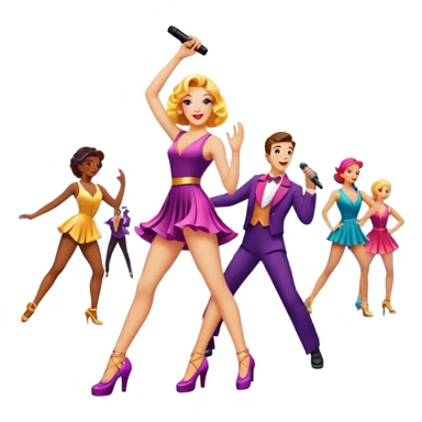 Vintage movie poster-style icon for a musical film. The cityscape glows in the background, evoking the golden era of musicals. A vibrant street scene with bright lights, dancers mid-step, a singer with a microphone among the skyscrapers. Transparent background. sticker