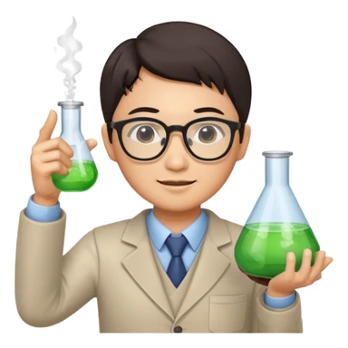 asian chemistry teacher wearing glasses holdin a flask pointing right sticker