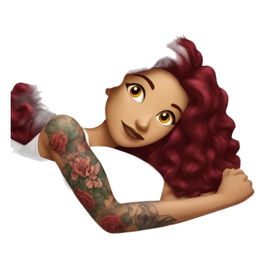 Beautiful tattooed burgundy long haired woman laying on the bed sticker