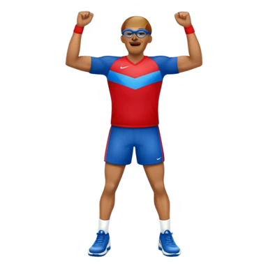 Create an emoji inspired by the reference image of an athlete celebrating on the track, wearing a red and blue uniform, sports glasses, and a victory gesture. Style: classic Apple emoji style. No text or branding. sticker