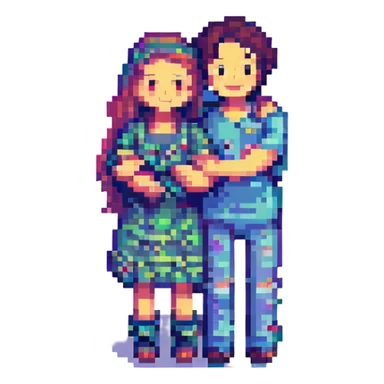 a group of friends, pixel art style, smiling, arms around each other sticker