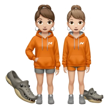 can you make a white girl with brown hair that is in a bun  and brown eyes and a normal white person nose and then she is wearing a grey hoodie mclaran formula 1 and wearing dirty white crocs with taylor swift gibits, 3 on each croc and she has 4 ear peiecings and hoop and stud and black shorts
 sticker