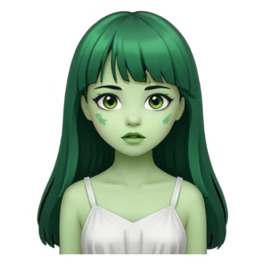 uma garota zumbi da pele verde com cabelo preto longo com franja e a roupa branca sticker