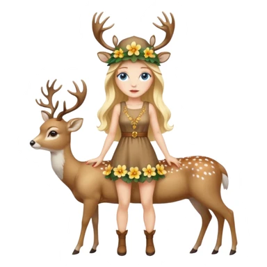 full body woman long blonde hair blue eyes white skin wearing deer hat and golden flower dress sticker