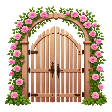 a garden's gate made of wood, with pink flowers all around it sticker