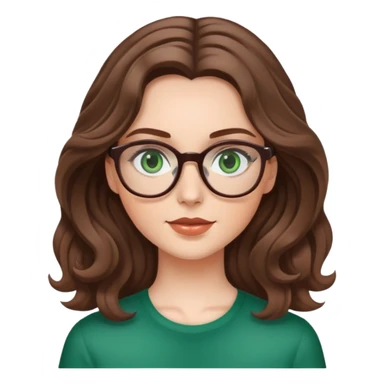 White girl with medium length brown wavy hair, glasses, and green eyes sticker