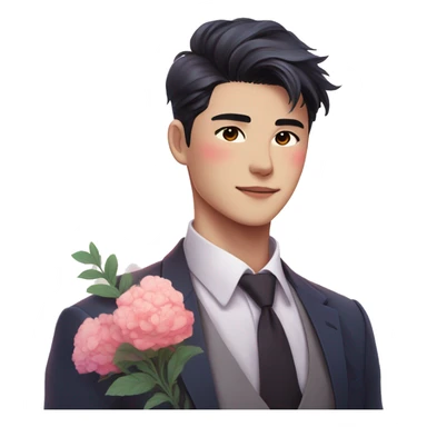 Gorgeous romantic anime style Asian formal modern gentlemanly guy with flowers and blushing face aesthetic trending style outside with colorful gradient colors sticker