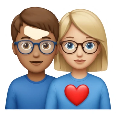 two young lovers, a red heart in the middle, boy with brown hair and glasses, girl blonde with blue eyes without glasses, emoji style sticker