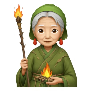 ancient asian old woman, tattered leaf green cloth, hold fire stick sticker