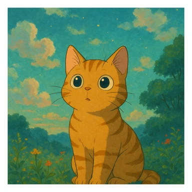 a curious cat with big eyes and a dreamy background in Ghibli style sticker