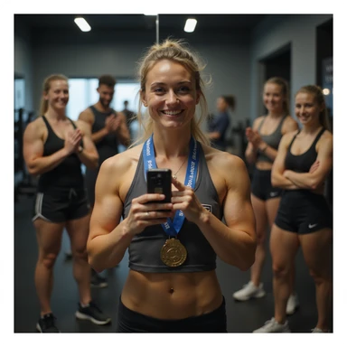hyperrealistic 4K image of a woman taking a selfie in front of a gym mirror, showing fitness progress with a medal around her neck, friends applauding in the background, motivational writing on the mirror, toned muscles, proud smile sticker