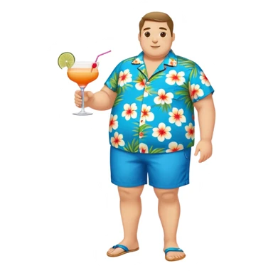 chubby guy full figure in a flowered azure havai shirt, brown shorts and flippers holding a cocktail sticker