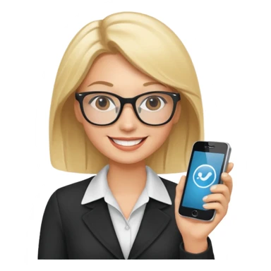 Blonde marketing agent with phone and glasses sticker