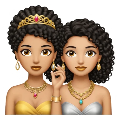 An emoji with two women, one woman with caramel skin color, black curly hair long. The other one is fair skin with brown straight hair and they're wearing jewelry and makeup. sticker