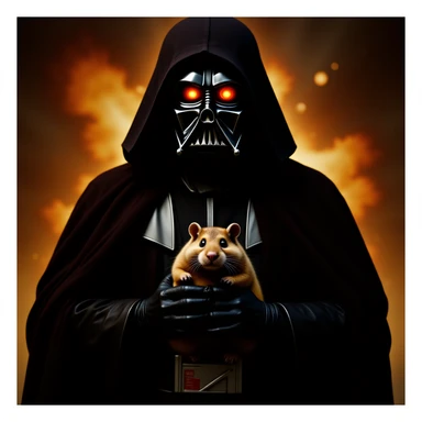 Cinematic still, Extreme Closeup Photo of a darth vader holding big hamster, low key light, explosion startship background with leading lines, back light, spot light sticker
