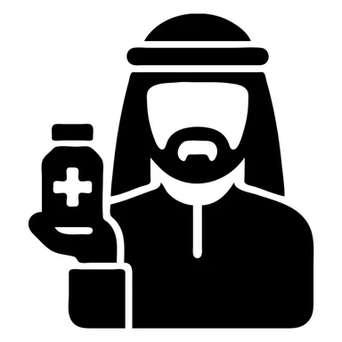Arab man with traditional headdress holding medicine bottle sticker