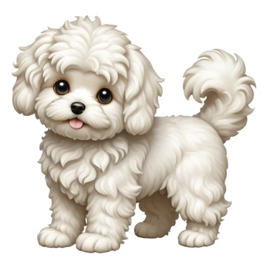 detailed-[curly haired maltese-dog]-realistic-full-body-sitting-emoji,-tail-resting-loosely-beside-its-paws,-head-tilted-dramatically,--wavy-[cream-white]-fur,-simplified-yet-realistic-focused-features,-highly-detailed,-glowing-with-an-almost-sarcastic sticker