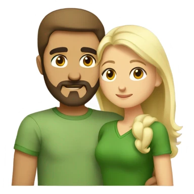 A bearded Armenian man in a green T-shirt stands and hugs a blonde girl with brown eyes in a brown dress sticker