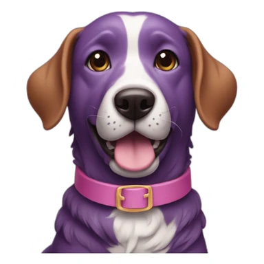 a purple dog with a brown nose and a pink collar with a bone eat cake sticker