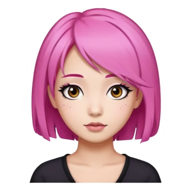 An Asian girl with pink hair, big eyes, thick eyebrows, and long eyelashes;  sticker