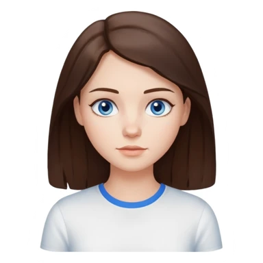 Create an emoji of a white Girl with brunette hair blue eyes faint freckles and hair to her shoulders wearing a white shirt sticker