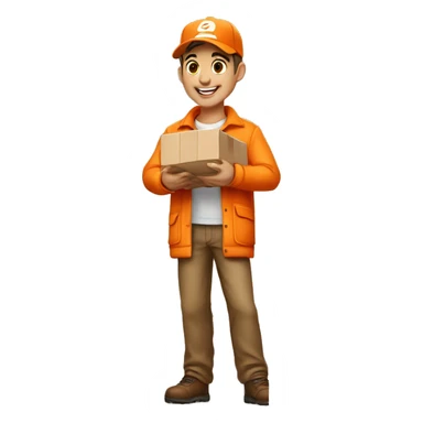 Delivery boy, full body, light skin tone, wearing orange cap and orange jacket, kerry delivery company uniform loading a package without background and say on that table sticker