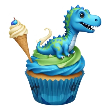 A cupcake having blue and black icing and a dinosaur as a decoration and ice cream next to it sticker