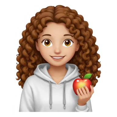 Una ragazza con una felpa semplice bianca,ha gli occhi marroni,i capelli marroni  , c’è gli ha lunghi e ricci  e ha le ciglia lo stile dell immagine deve essere  stile emoji apple sticker
