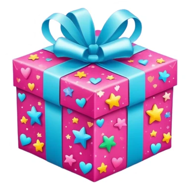 cute gift box with sparkling stars and hearts, smiling wrapping paper, vibrant colors, joyful and romantic mood sticker