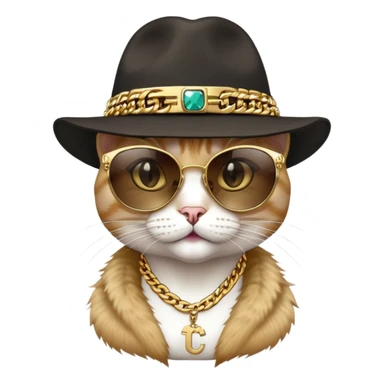 female cat head and shoulders wearing Run DMC hip-hop outfit, fedora, dark sunglasses, many gold chains, bling accessories sticker