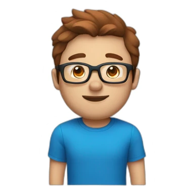 Slightly husky guy with reddish-brown hair a short beardand black glasses in a blue t shirt and blue eyes sticker