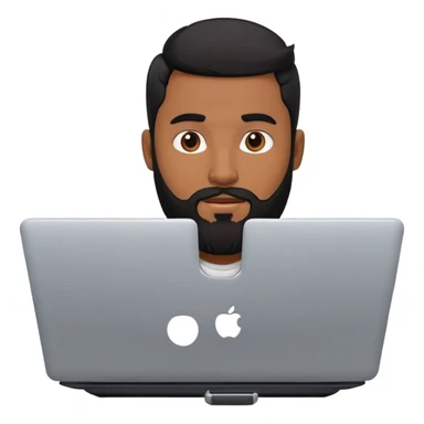 Brown skinned guy with beard and black hair with a laptop sticker