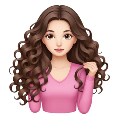beautiful brunette with a light balayage white girl with nice defined loose and long curls , very long hair, clean girl makeup STRETCHING WITH PINK SET ON sticker