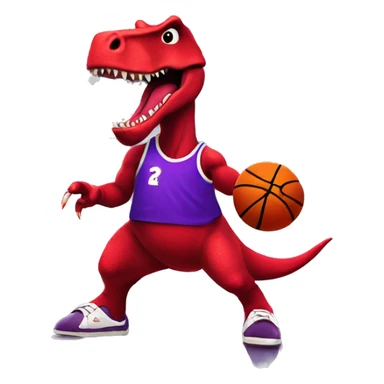 A red dinosaur wearing a purple jersey dribbling a basketball, city skyline in the background sticker