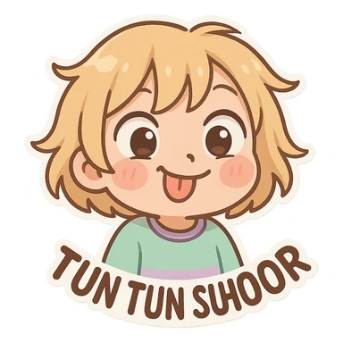 Tun Tun Suhoor chibi emoji, round face, playful look, blonde messy bob, big eyes, small mouth, pastel clothes, blush on cheeks, silly meme energy, no text sticker