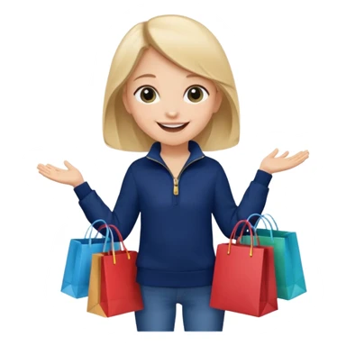 A little girl (he usually calls her baby), who is obsessed with shopping and luxury brands and holds a dozen of bags, she wears navy blue half zip sweater and holds 10 bags sticker