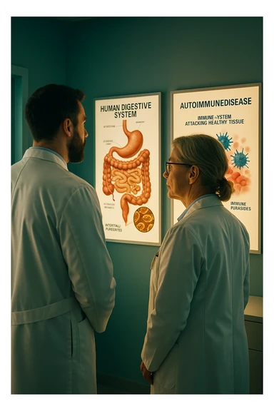 In italiano Realistic, detailed photo taken from behind of two doctors—a bearded man and a middle-aged woman—standing side by side in a modern medical office, intently studying a large, illuminated medical chart on the wall. The chart displays a detailed diagram of the human digestive system, highlighting the intestines and showing microscopic images of intestinal parasites. Next to it, another chart illustrates the immune system attacking healthy tissues, visually connecting gut parasites to autoimmune disease mechanisms. The room is bathed in a single green-blue color, with a warm, yellow-orange light casting soft shadows around the doctors. Both wear white coats and have serious, focused expressions, suggesting a deep discussion about the root causes of autoimmune conditions. Shot with a Canon EOS R5, with high detail, natural depth of field, and a clinical yet dramatic atmosphere. sticker