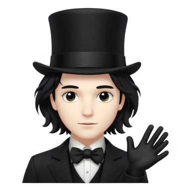 Male Goth with Top short Hat
 Wavy shoulder-length hair, white skin, black suit and gloves, pale skin tone,  sticker