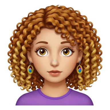 A woman with brown curly hair and blonde highlights side parted with hazel eyes with central heterochromia and a multicoloured nose ring sticker