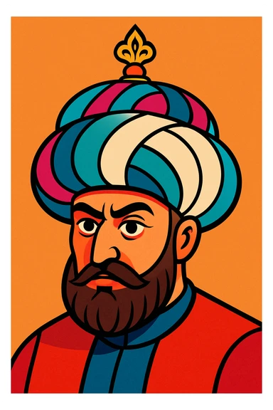 Sultan Murad IV head, stylized, ornate Ottoman turban, expressive face, modern illustration style sticker