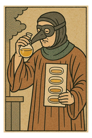 A medieval doctor carrying out a urine sample with a urine sample chart and smelling the urine sticker