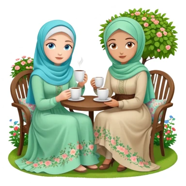 Turkish beautiful finish Konya girls blue eyes with Beautiful light green floral hijab long tail dress and the two friends in a lovely garden sits on the chair on the ground and holds cup coffe with her hand  sticker