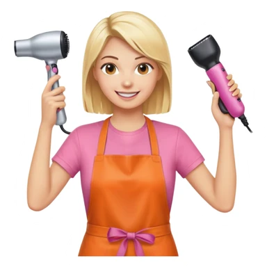 smiling blonde woman hairstylist wearing pink t-shirt and orange apron, hands raised, holding scissors and hairdryer clearly visible sticker