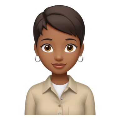 generate a pretty bratz girl with dark brown eyes. Dark brown hair straight short hair. tight beige button up shirt with top shirt open.  airpods in ear sticker