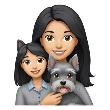 A smilling woman with long black hair holding a light gray Schnauzer sticker