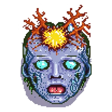 pixel art face with an exploding head, drooling, and melting sticker