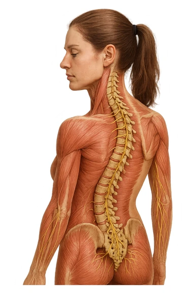 fai un immagine identica che riguarda un esercizio ma mettigli spina dorsale e muscoli in evidenza (anatomica) con colori naturali di un corpo umano (non blu), il nervo giallo si deve vedere molto bene. falla iperrealistica anatomica in 4k con spina dorsale storta in evidenza sticker