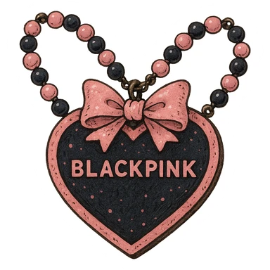 BLACKPINK-inspired wearable object, necklace or bracelet or pin, black and pink colors, whimsical and detailed, ghibli style sticker