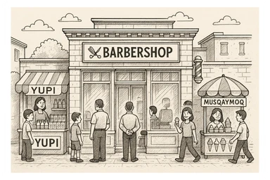 brohouse sartarosh xonasini chizib ber tashqaridan va uning yonida yupi va musqaymoq sotadigan lavkalar bulsin sticker