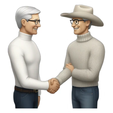 Tim Cook in turtle neck shaking hands with a white cowboy sticker